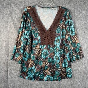 Vtg Womans Babydoll‎ Tunic Top 3X Brown Floral Crochet Peasant Boho Shirt Floral